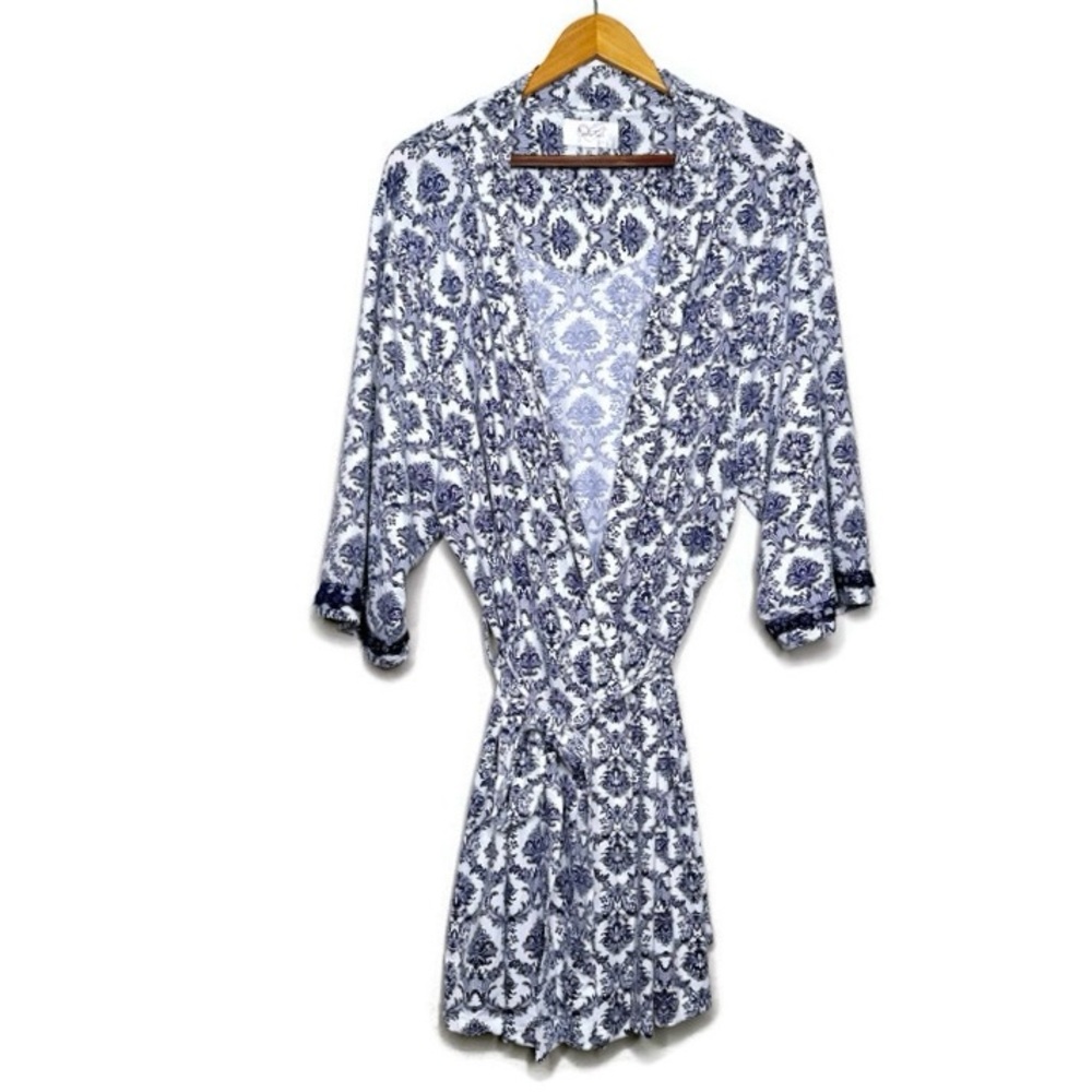Women's Navy Floral Print Satin Robe
